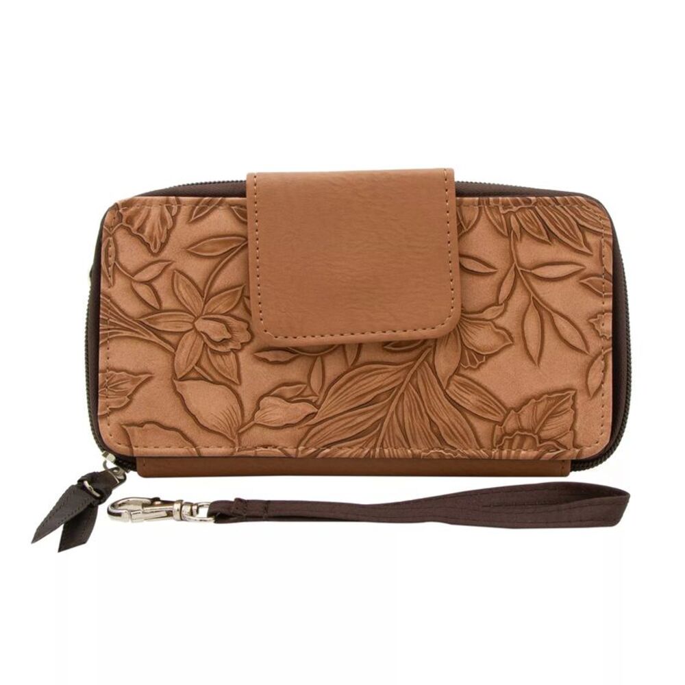Design Women's Faux Leather Floral Embossed Clutch Wallet with RFID in Camel